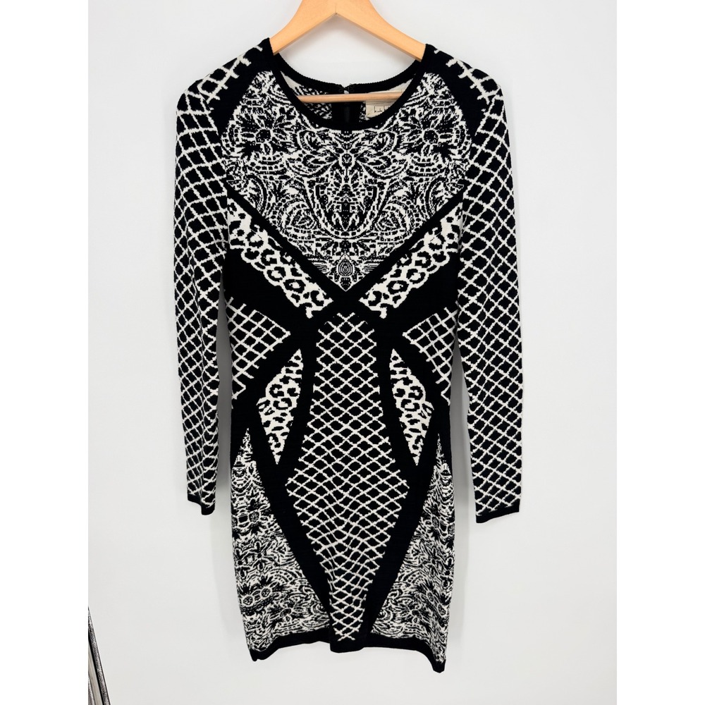 Nicole Miller Artelier Sweater Dress M Black White Intarsia Mob Wife Chic Bold